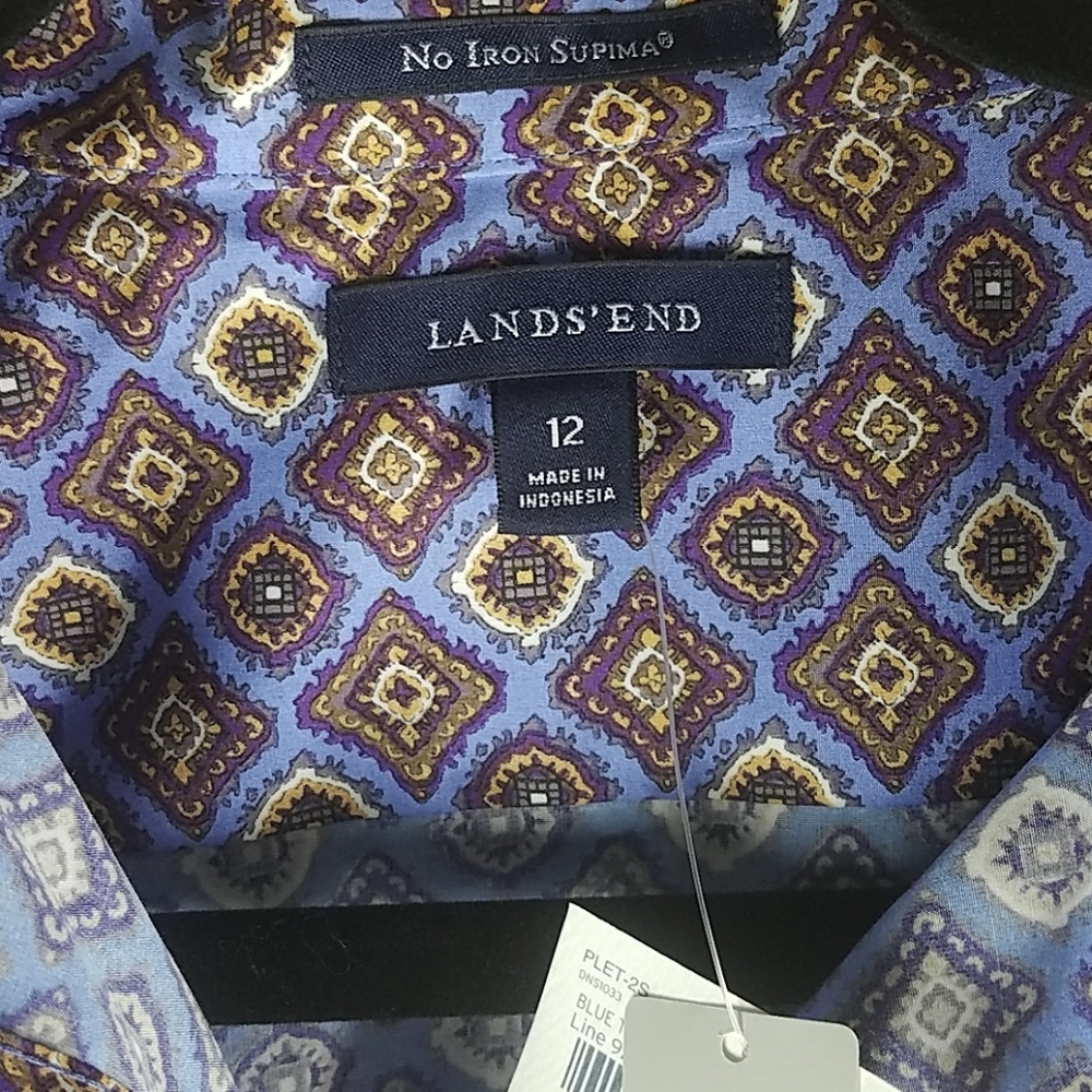 Lands' End, 0018, Blue Toile Prnt Shirt, Sz 12 - Picture 2 of 6